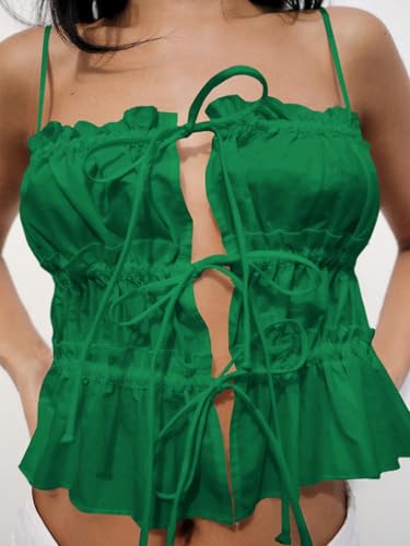 Image of Tankaneo Womens Summer Tie Front Crop Tops Cute Ruffle Ruched Spaghetti Strap Tank Tops Y2K Going Out Shirts