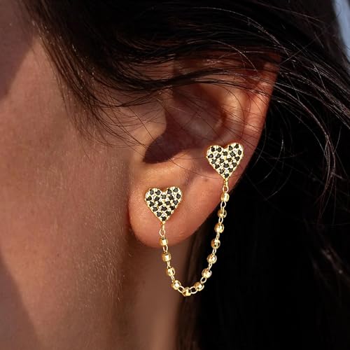 FETTERO Gold Chain Earrings for Women, 14K Gold Plated Hypoallergenic Earring for Multiple Piercing, Tassel Chain Heart Pendant Double Piercing Stud Earrings | Charm Gold Earring for Women