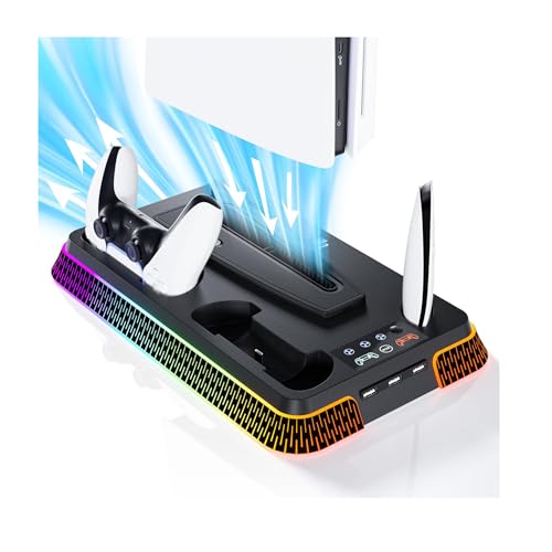 NALACAL PS5 Cooling Station & Controller Charger, RGB Lighting, 3-Speed Fan, Vertical Stand, Headset Holder, Black