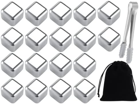 Kellegour 18 PCS Stainless Steel Ice Cubes,Metal Ice Cube,und Velvet Bags+1 Nonslip Ice Tong,Cooling Whisky Rocks,Stainless Steel Whiskey Rocks,For Whiskey,Vodka,Liqueurs,Wine,Beverage Juice or Soda