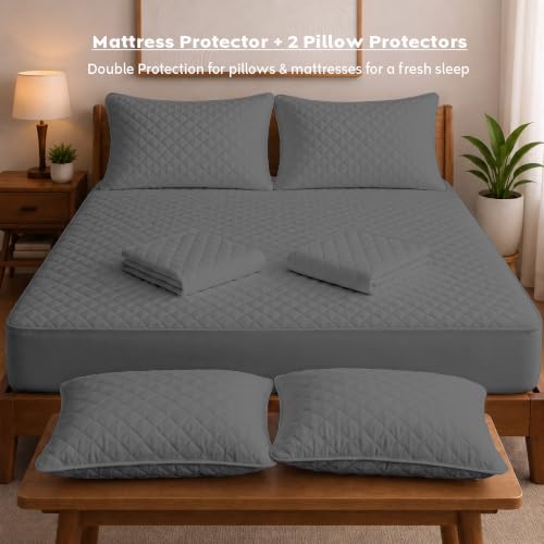 Image of AYKA Combo Pack Waterproof Mattress Protector & 2 Pillow Protectors | King Size 78x60 Inch | 100% Waterproof Quilted Bed Protector | Breathable, Noiseless Mattress & Pillow Covers | Grey