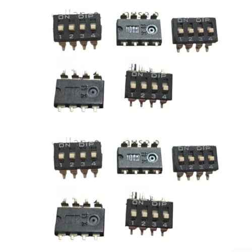 Image of 10-Pack 4-Position DIP Switch DM-04-V-T/R, 2.54mm Pitch for smd Piano Key Type, Wave Style Slide Switch for PCB Circuit Encoding Control, Black