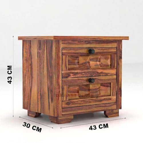 Image of Solid Sheesham Wood Bedside Table for Bedroom | Handmade Pure Wooden Bed Side Nightstand End Table with 2 Drawers Storage for Home & Bed Room | Rosewood, Honey