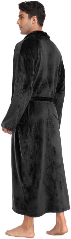 Mens Fleece Robe Soft Plush Collar Shawl Bathrobe Lightweight Long Bath Shower with Belt & 2 Pockets - Image 3