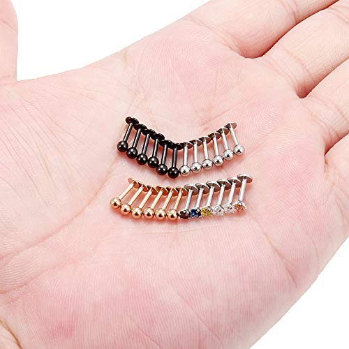 Ruifan 24PCS 16G 316L Stainless Steel 3mm CZ Labret Monroe Lip Ring Tragus Helix Cartilage Earring Stud Barbell 6mm Bar Length Body Piercing Jewelry