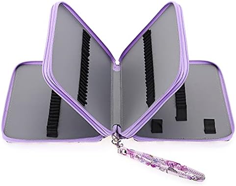 BSTKEY 120 Slots Pencil Holder Pouch Storage Bag, Multifunctional Pencil Wrap Case Organizer with Zipper for Color Pencils Stationery, Purple Flower (No Pencils)