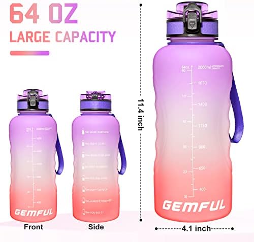 GEMFUL 64 oz Water Bottle with Straw Motivational Leak Proof Wide Mouth Large Drinks Jug for Sports and Outdoor
