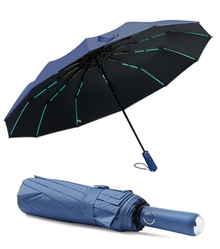 Lantusire Large Double-Ribs Umbrella Automatic Folding Umbrella for Women Men, Travel, UPF 50+ UV Protection,46-Inch, 12 Ribs, Navy Blue