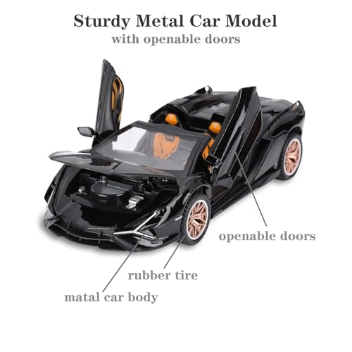 Image of 1:32 Open Lamborghinii Sian Diecast Toy Car Metal Pull Back Vehicle with Openable Doors Lights & Sound Collectible Gift Toy for Kids Boys & Girls Fun & Realistic Design (Black)