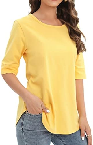 Womens Elbow Length Sleeve Tops Summer Fashion Cotton Blouses Casual Tunic Tee Shirts