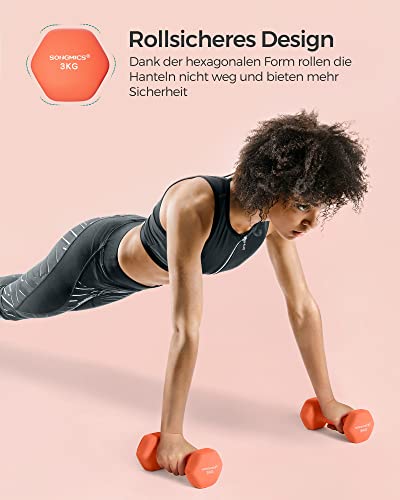 Foto von SONGMICS Kurzhantel 2 Stück 2x3 kg Hanteln Kurzhantel Hexagon Neopren Beschichtung für Krafttraining Fitness Zuhause Orange Papaya SYL906O01