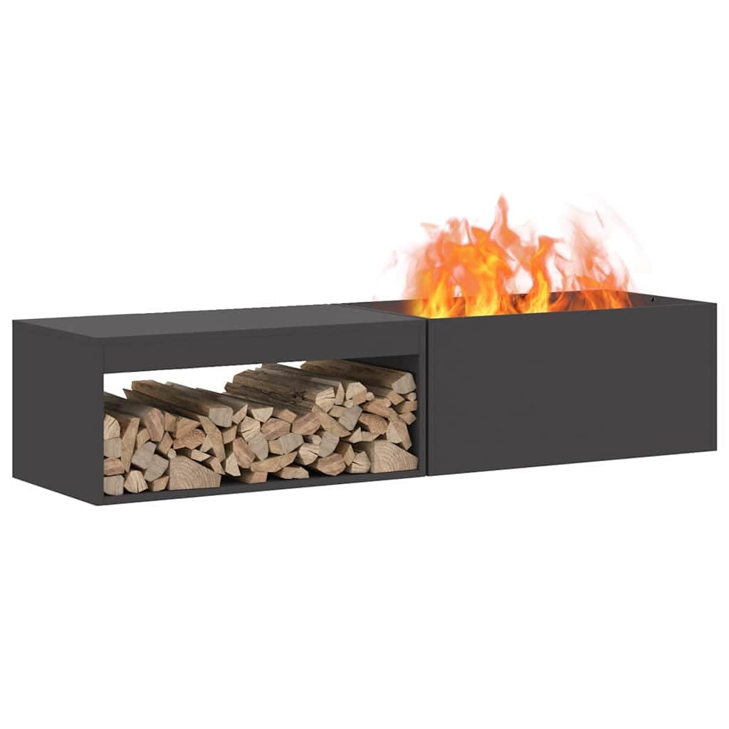 Feuerstelle Schwarz 160 x 45 x 35 cm Stahl wetterfest für Garten Terrasse Außenbereich mit Stauraum und hitzebeständiger Brennkammer für gemütliche Abende im Freien