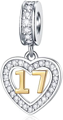 10 13 15 16 17 18 19 20 21 22 25 28 30 35 40 45 50 55 60 65 70 Birthday Charms, fit European Anniversary Bracelet/Necklace, Golden Number 925 Sterling Silver Heart Pendant with CZ, for Women/Men
