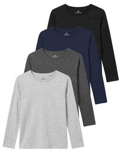 Image of Real Essentials 4 Pack: Girls' Cotton Long Sleeve Crew Neck T-Shirt - Athletic Tee Shirt for Teens Kids Youth (Ages 4-16)