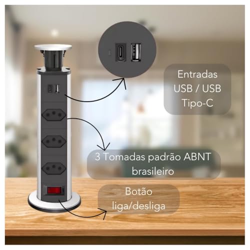 Torre De Tomadas Retrátil De Embutir Multiplug USB e USB Tipo C Com 3 Tomadas Para Mesas e Bancadas