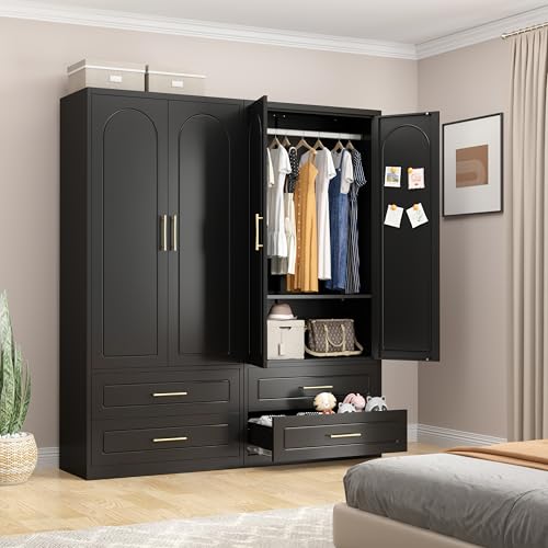 71" Tall Metal Clothes Storage Cabinet, Wardrobe with Drawer and Hanging Rod, Armoire with Hanging Rod and Adjustable Shelves, Storage Cabinet for Bedroom, Laundry Room, Black Black 71 Inch
