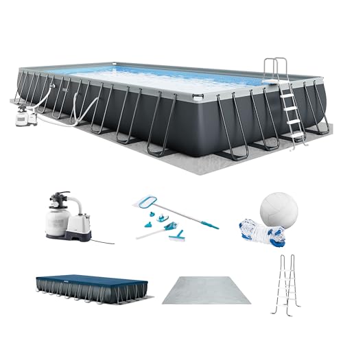INTEX Ultra XTR 32 ft x 16 ft 52 in Above Ground Pool Set, Rectangular Swimming Pool with Sand Pump, Saltwater System, Maintenance Kit, & Volleyball Game