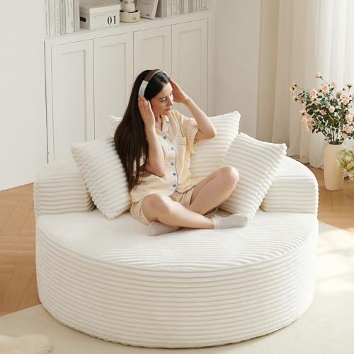 LUCKHAO 55'' Oversized Round Cloud Chair,Fluffy Corduroy Lounge Chaise Indoor and Sleeper Sofa Bed with Deep Seat,Upholstered for Comfort in Reading,Living Room & Bedroom,No Assembly Required,White