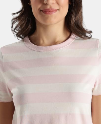 Image of Jockey A121 Women Super Combed Cotton Stripe Fabric Relaxed Fit Round Neck Half Sleeve T-Shirt with Curved Hem Styling
