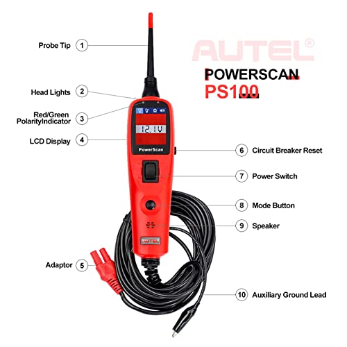Autel Powerscan Ps100 Electrical System Tester Ps 100 Circuit Tester With 20Ft Cable, Built-In Circuit Breaker, Easy To Read Ac/Dc Current Resistance, Test Continuity/Probe/Sensor Signal #TOP6