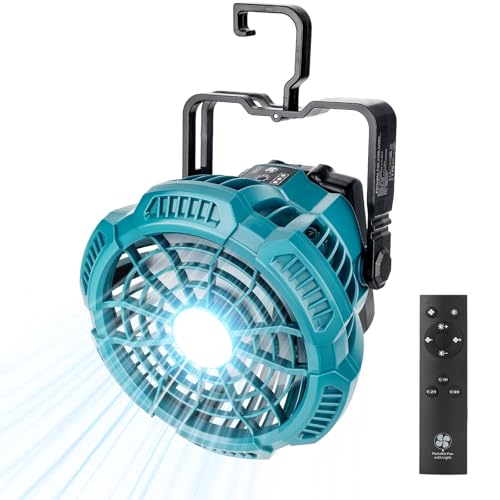 GRVODFRTA Portable Camping Fan with LED Lantern Compatible with Makita 18V Battery Operated Tent Ceiling Fan with Remote Control Small Outdoor Fan with Hook for Canopy(No Battery)