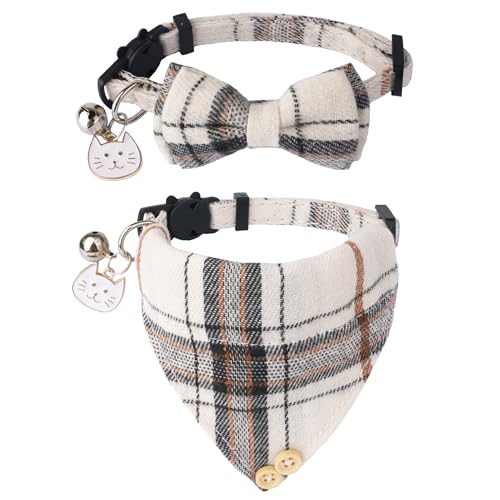 ADOGGYGO Plaid Cat Collar with Bow Bandana - 2 Pack Breakaway Kitten Collar with Removable Bowtie Bell Plaid Cat Bowtie Bandana Collars for Cats Kittens (Beige)