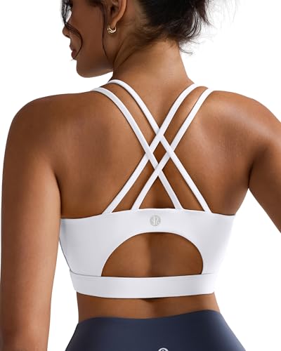 RUNNING GIRL Sports Bras for Women,Strappy Back Workout Bras Padded Supportive White Sports Bra Plue Size(WX2354 White,S)