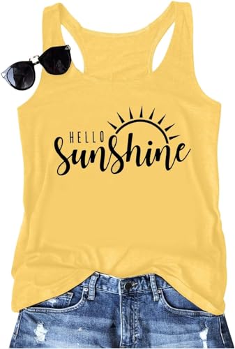 Hello Sunshine Tank Top Women Summer Sleeveless Sunshine Graphic Shirt Casual Loose Vest Vacation Classic-Fit Shirt Cami(Yellow1,XXL)
