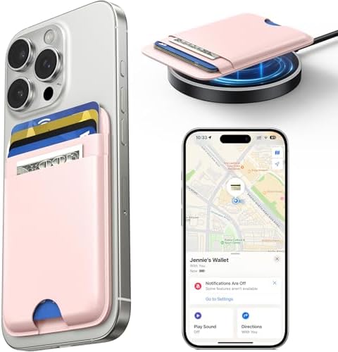 Wtuhu MagSafe Wallet with Full Find My Slim RFID-Blocking Vegan Leather Phone Wallet Portable Dual-Pocket 5 Cards Holder Strong Magnetic for iPhone 12–16 Series Not for 13/12 Mini (Pink)