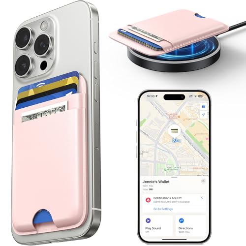 Wtuhu MagSafe Wallet with Full Find My Slim RFID-Blocking Vegan Leather Phone Wallet Portable Dual-Pocket 5 Cards Holder Strong Magnetic for iPhone 12–16 Series Not for 13/12 Mini (Pink)