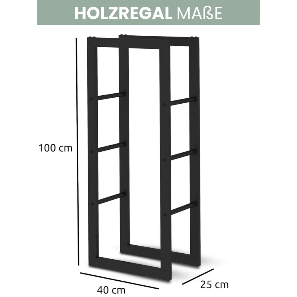 DELUKE Kaminholzregal innen Metall KEOP | Schwarz | 40x25x100cm | Brennholzregal Inkl. Ofenhandschuh | Feuerholzregal Kaminholzhalter Holzständer Holzhalter Holzlager