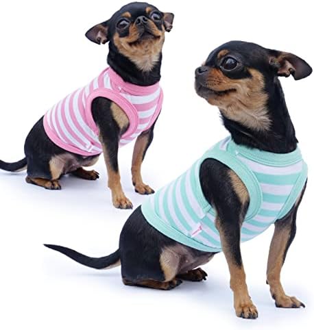 Frienperro Dog Shirt, Dog Clothes for Small Dogs Girl Boy, 2-Pack Breathable Cotton Striped French Bulldog Clothes, Sleeveless Small Pet Puppy Cat Clothes Outfit Tank Top Vest,Green & Pink XL