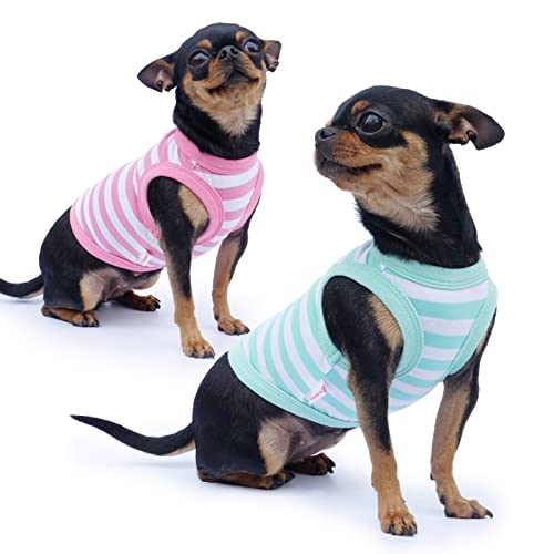 Frienperro Dog Shirt, Dog Clothes For Small Dogs Girl Boy, 2-Pack Breathable Cotton Striped French Bulldog Clothes, Sleeveless Small Pet Puppy Cat Clothes Outfit Tank Top Vest,Green & Pink Xl #TOP10