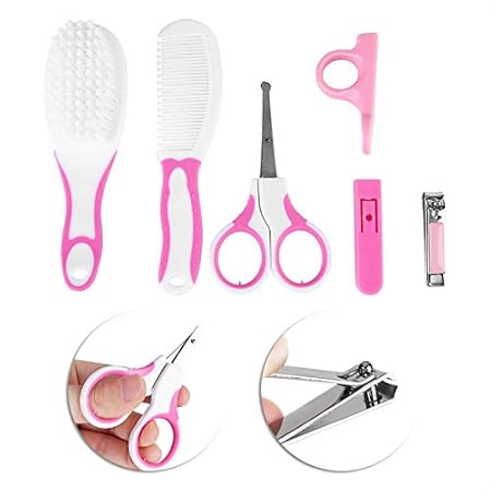 FWQPRA 6pcs Baby Grooming Kit, Convenient Daily Plastic & Metal Baby Nail Clipper Tool Includes Clipper Scissors Hair Brush Comb Manicure Care Kit for Newborn Baby Kids Infants Toddlers (Pink)