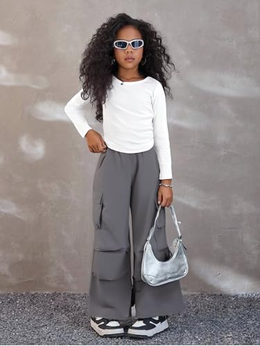 Image of Azmxynol Girls Clothes 2 Piece Outfit Ribbed T-Shirt Top + Cargo Pants, Girls Fall Clothing Set, Sizes 5-16 Years
