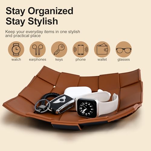Valet Tray PU Leather Key Holder Bowl for Men Entryway Table Nightstand Desk Tray for Wallet, Keys Men's Gift - Brown & Black, 9.8" L x 9.8" W x 2" H - Image 5