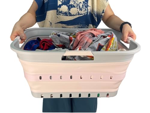 Image of SAMMART 42 (11 Gallons) Collapsible Plastic Laundry Basket, Foldable Pop Up Storage Container /Organizer, Space Saving Hamper, Portable Bin for Dorm Room Bathroom (1, Grey /Pink)