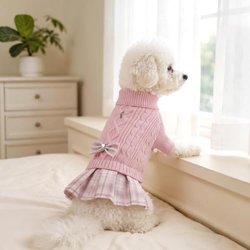 Image of YUDODO Small Dog Sweater Dress with Bowtie Turtleneck Knitted Pet Clothes