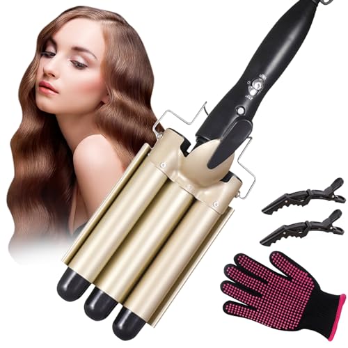 Bizcasa 3 Tubi Piastra Onde Ferro Arricciacapelli,22MM Piastra arriccia Capelli Onde Beach Waves Ferro Arricciacapelli Ceramica Capelli,Temperatura Regolabile,Con 2 Clip e un guanto(oro)
