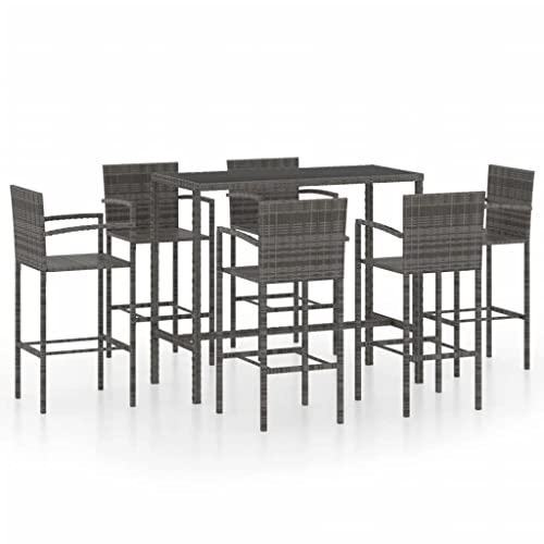 Vidaxl Patio Bar Set 7 Piece Garden Outdoor Balcony Backyard Terrace Bistro Furniture Table Chair Dining Stools Sets Poly Rattan Gray #TOP7