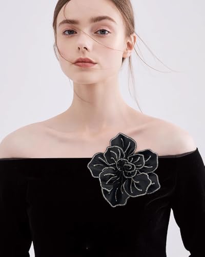 Image of Fabric Rhinestone Flower Big Brooch Lapel Pins for Women Elegant Crystal Floral Brooches Pin for Dresses Suit Accessories Jewelry Boutonniere Corsage Wedding Party 5.5in
