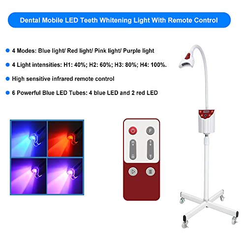 Image of 4 Colors Teeth Whitening Machine, Professional LED Teeth Whitening Light, Mobile Dental Teeth Whitening Bleaching Lamp, Cold Light Tooth Whitener 4 Modes with Remote Control, Floor Stand Type (Red)