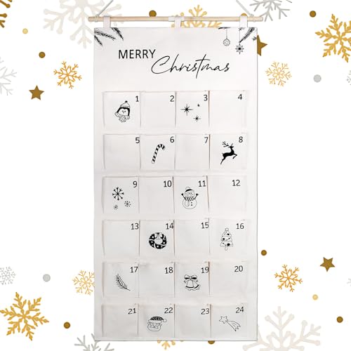 BOFUNX 2025 Advent Calendar, Christmas Advent Hanging Calendar with Pockets Christmas Countdown Calendar Fill Your Own Advent for Wall Door Decoration (White)