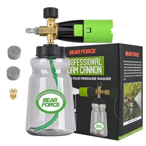 Bear Force Hochdruckreiniger Messing Schaumkanone (breiter Mund) + 1/4 Schnellanschluss, 1L Flasche - Autowaschanlage Hochdruckreiniger Seifenspender für Autowäsche mit 360° einstellbarem dickem