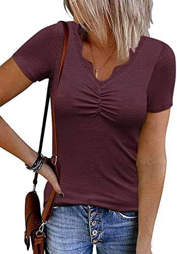 uoDim Womens Button Up V Neck Short Sleeve Shirts Casual Going Out Ruched Tops Ribbed Henley Shirts