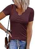 Picture of uoDim Ribbed Knit Tops Ruched V Neck Henley Shirts Button Up Lace Trim Blouses Tee, A1-burgundy, Small