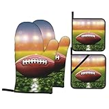 Juego de 4 manoplas de horno y soportes para ollas con estampado deportivo de pelota de fútbol americano sobre hierba, resistentes al calor, impermeables, para decoración de cocina para barbacoa