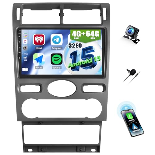 CAMECHO 4+64G 9 Pulgadas Autorradio para Ford Mondeo 2004-2007 con CámaraTrasera, Android 15 Wireless Carplay Bluetooth Radio con Android Auto WiFi GPS FM/RDS Mirror Link +IPS HD Pantalla Táctil