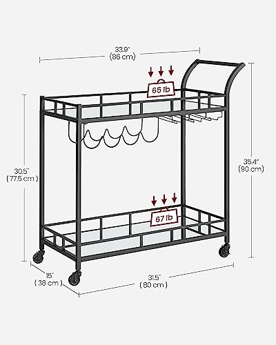 Image of VASAGLE Bar Cart Black, Home Bar Serving Cart, Wine Cart with 2 Mirrored Shelves, Wine Holders, Glass Holders, for Kitchen, Dining Room, Black ULRC090B62