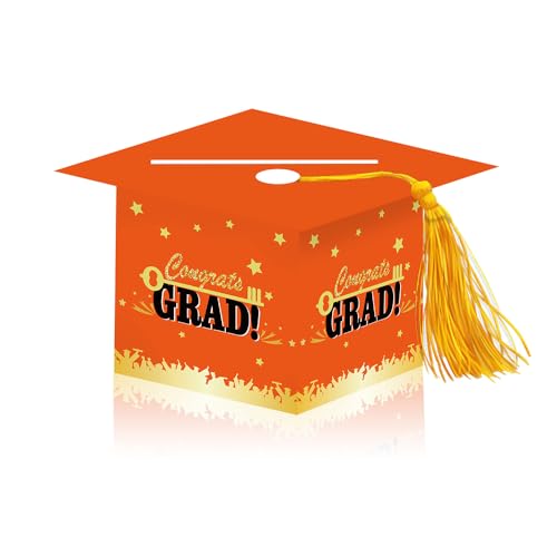 Image of 2026 Graduation Party Card Box, Orange Gold Congrats Cap Card Holder Box with Tassel for 2026 Graduation Party Decorations